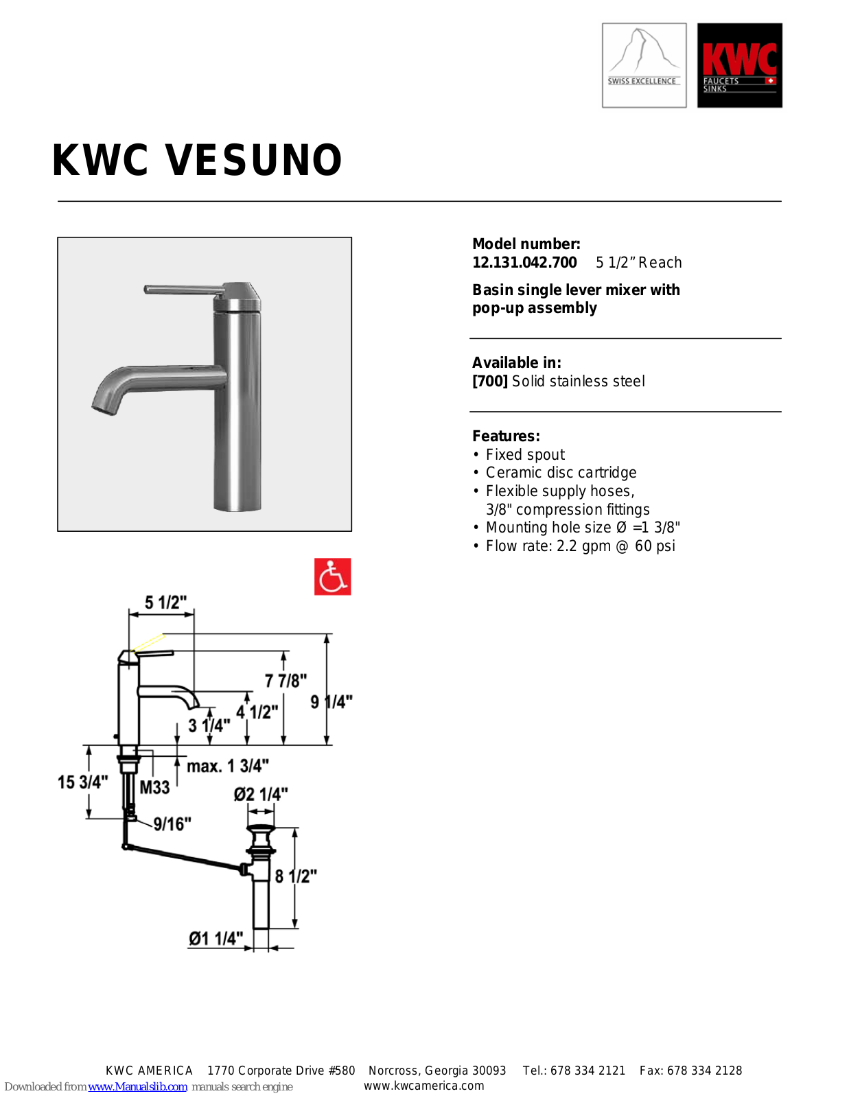 KWC VESUNO 12.131.042.700 Specification Sheet