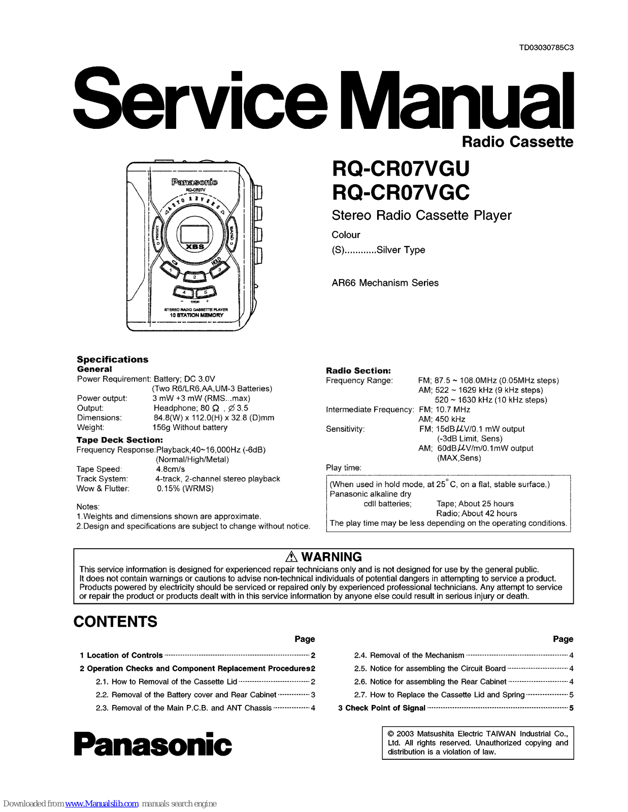 Panasonic RQ-CR07VGU, RQ-CR07VGC Service Manual