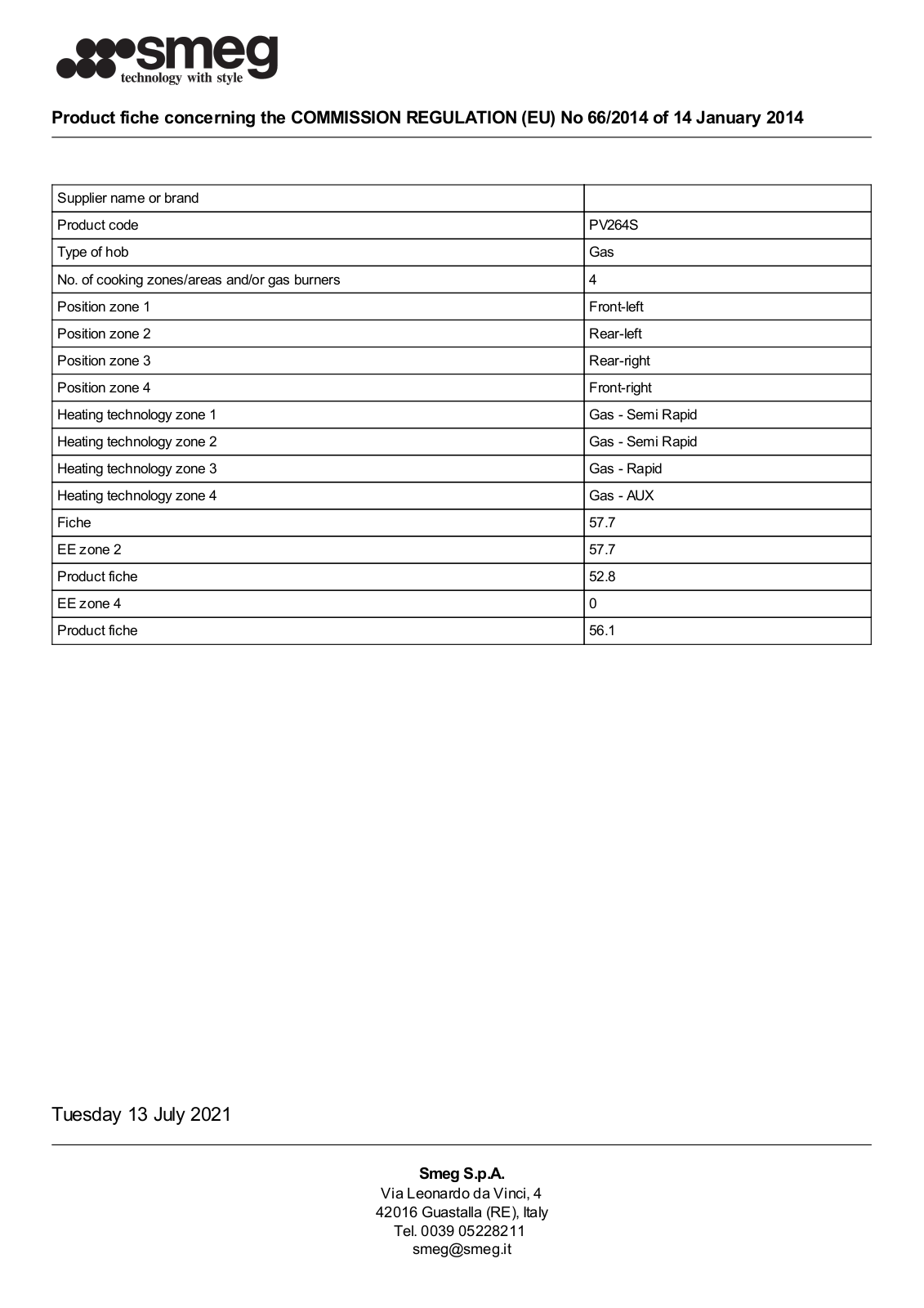 Smeg PV264S product information sheet