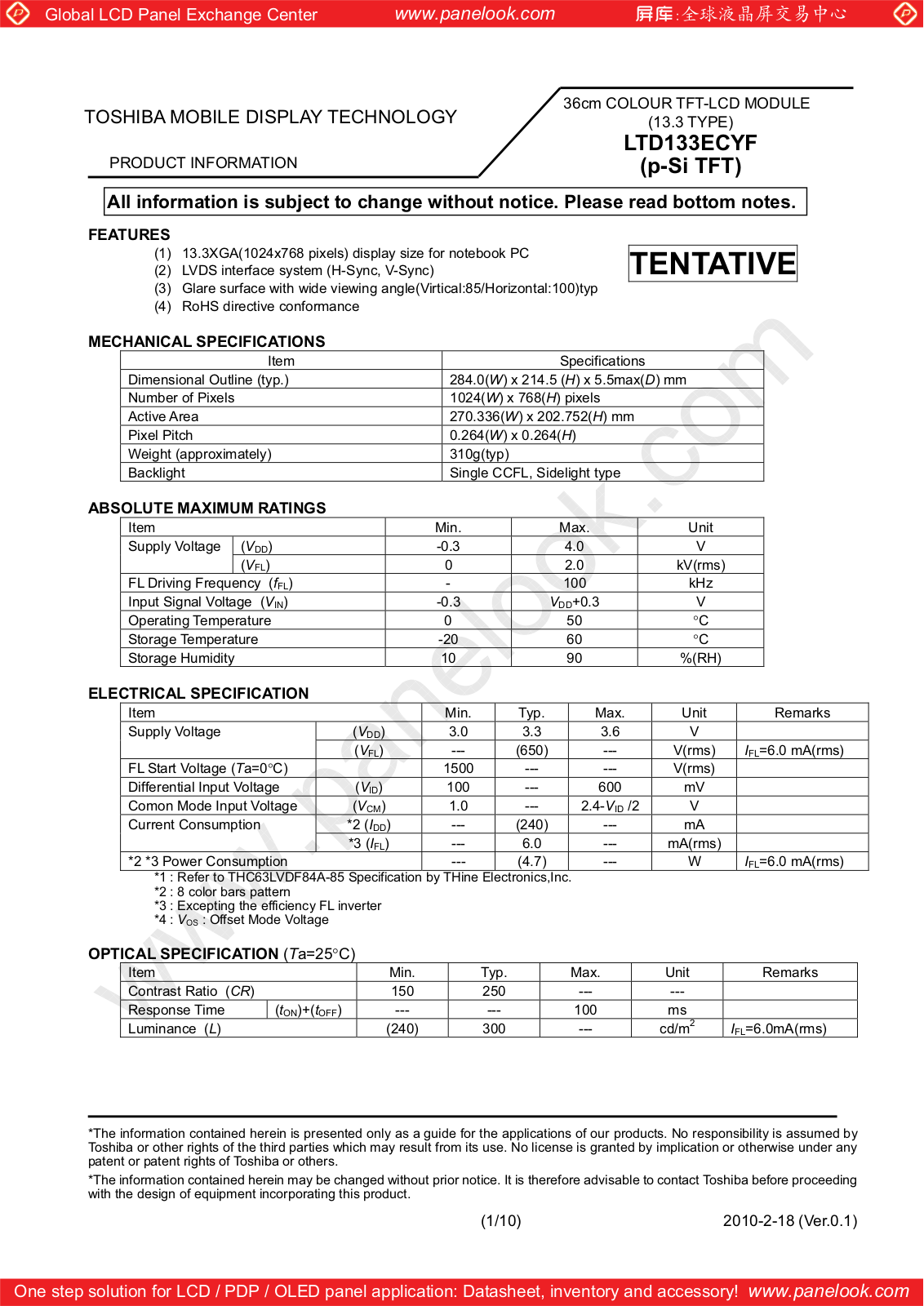 TOSHIBA LTD133ECYF Specification