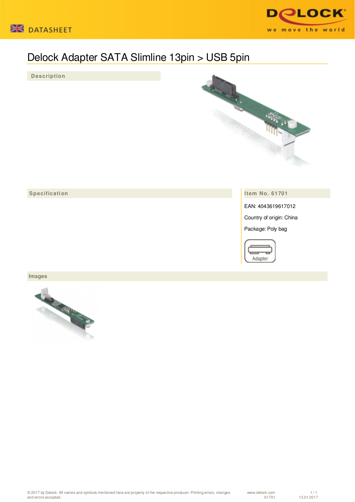 DeLOCK Adapter Slim-SATA 13pin - USB 5pin User Manual