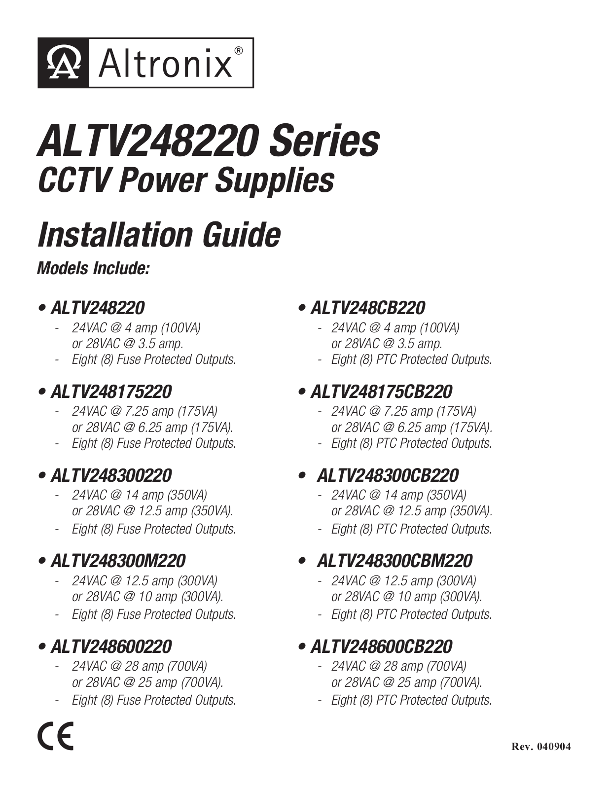 Altronix ALTV248220 Installation Instructions