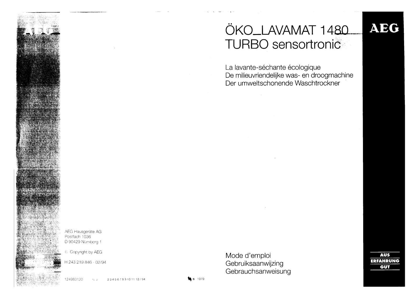 AEG LAVAMAT 1480 TURBO Sensortronic User Manual