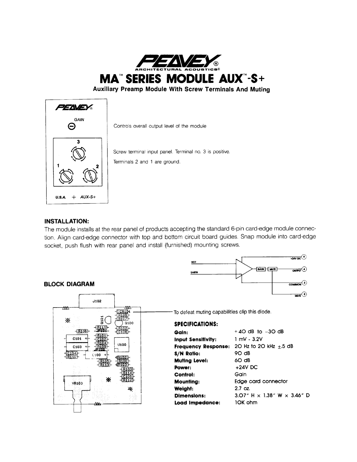 Peavey MA Series MODULE AUX-S+ INSTALLATION GUIDE