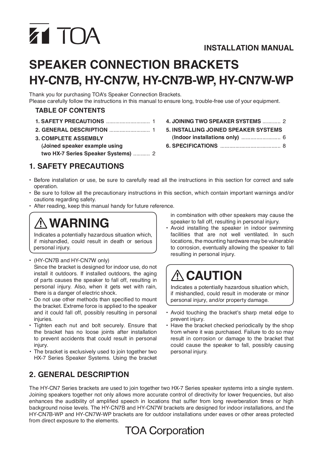 TOA HY-CN7B-WP F00 Installation Guide