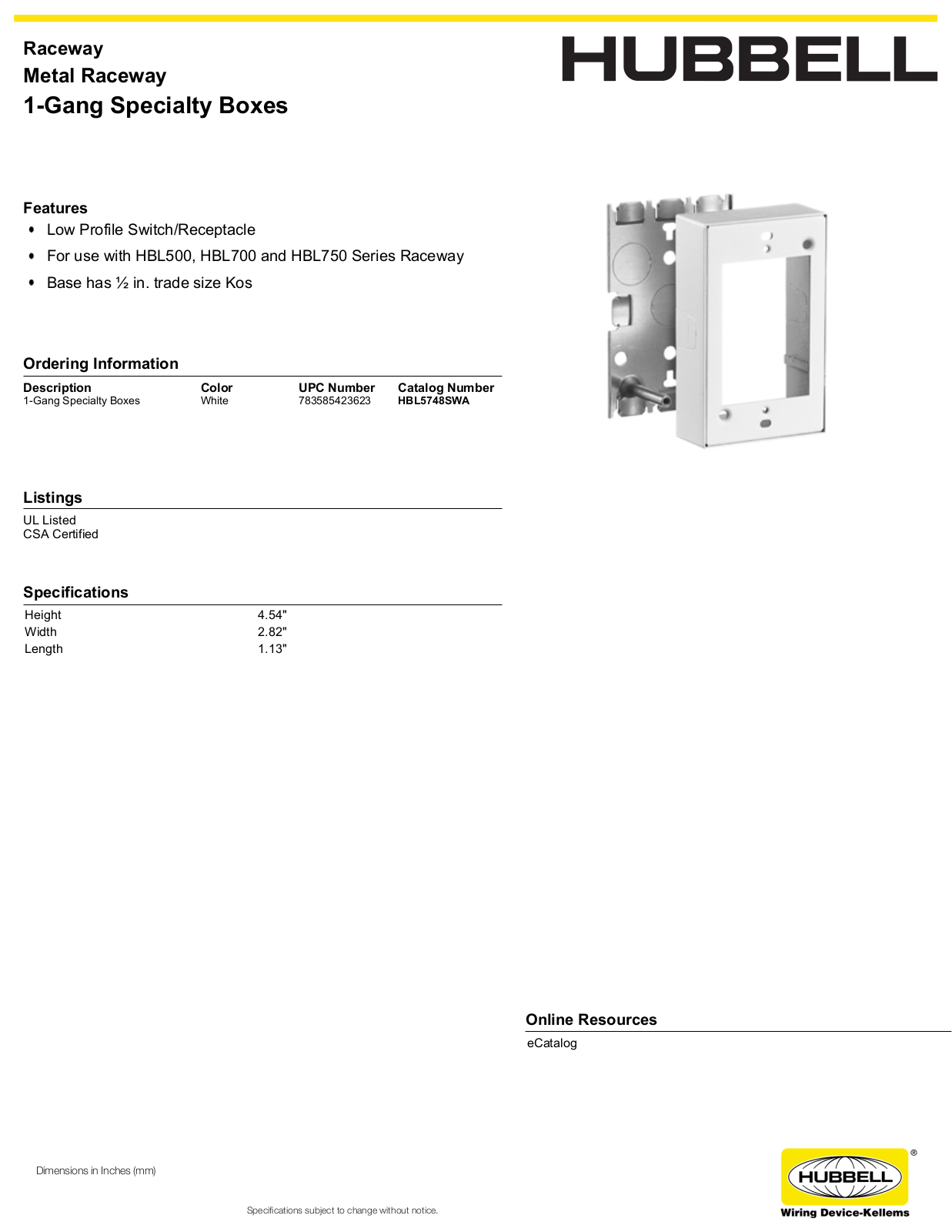 Hubbell HBL5748SWA Specifications