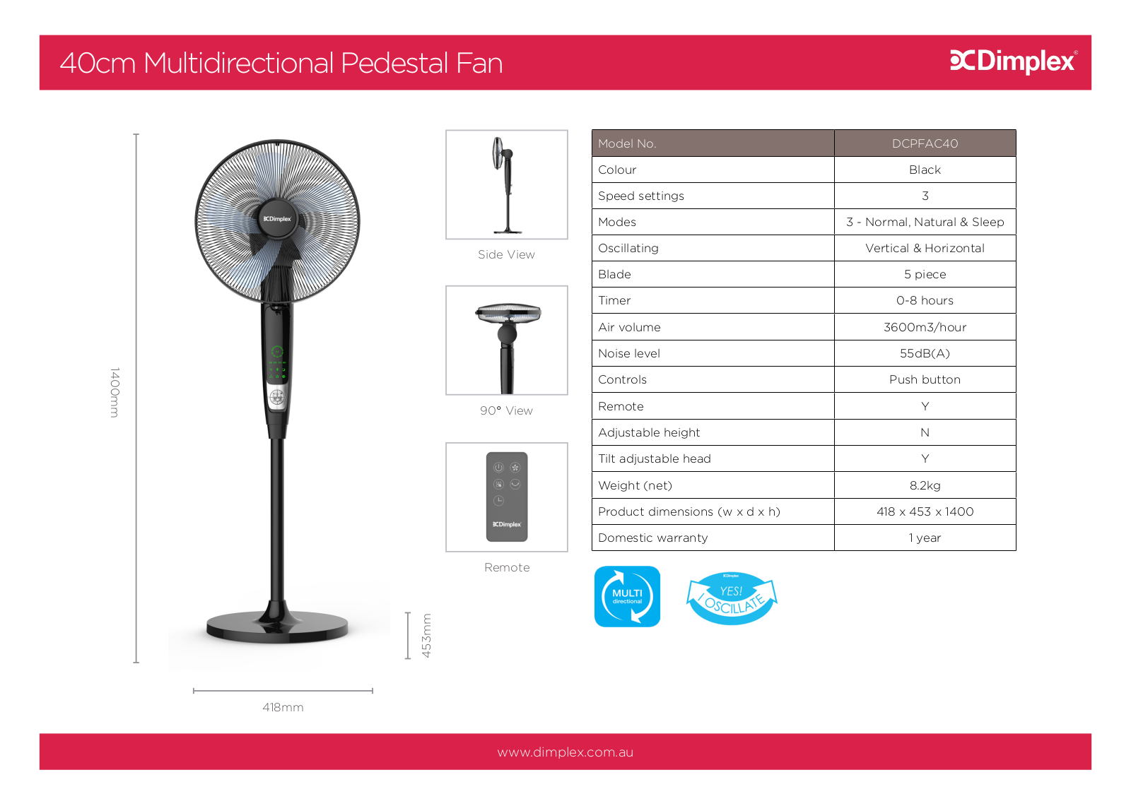 Dimplex DCPFAC40 Specifications Sheet