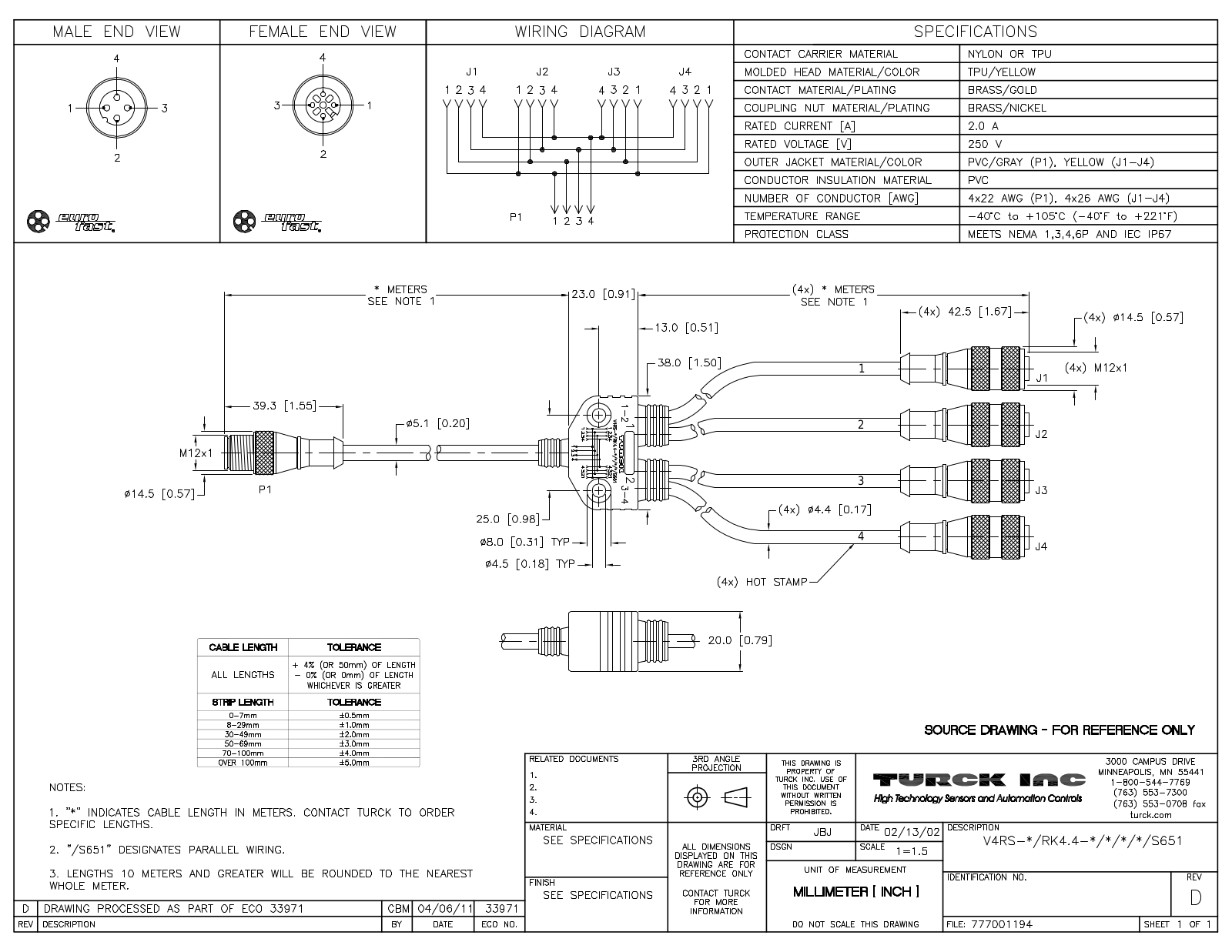 Turck V4RS-1/RK4.4-1/1/1/1/S651 Specification Sheet