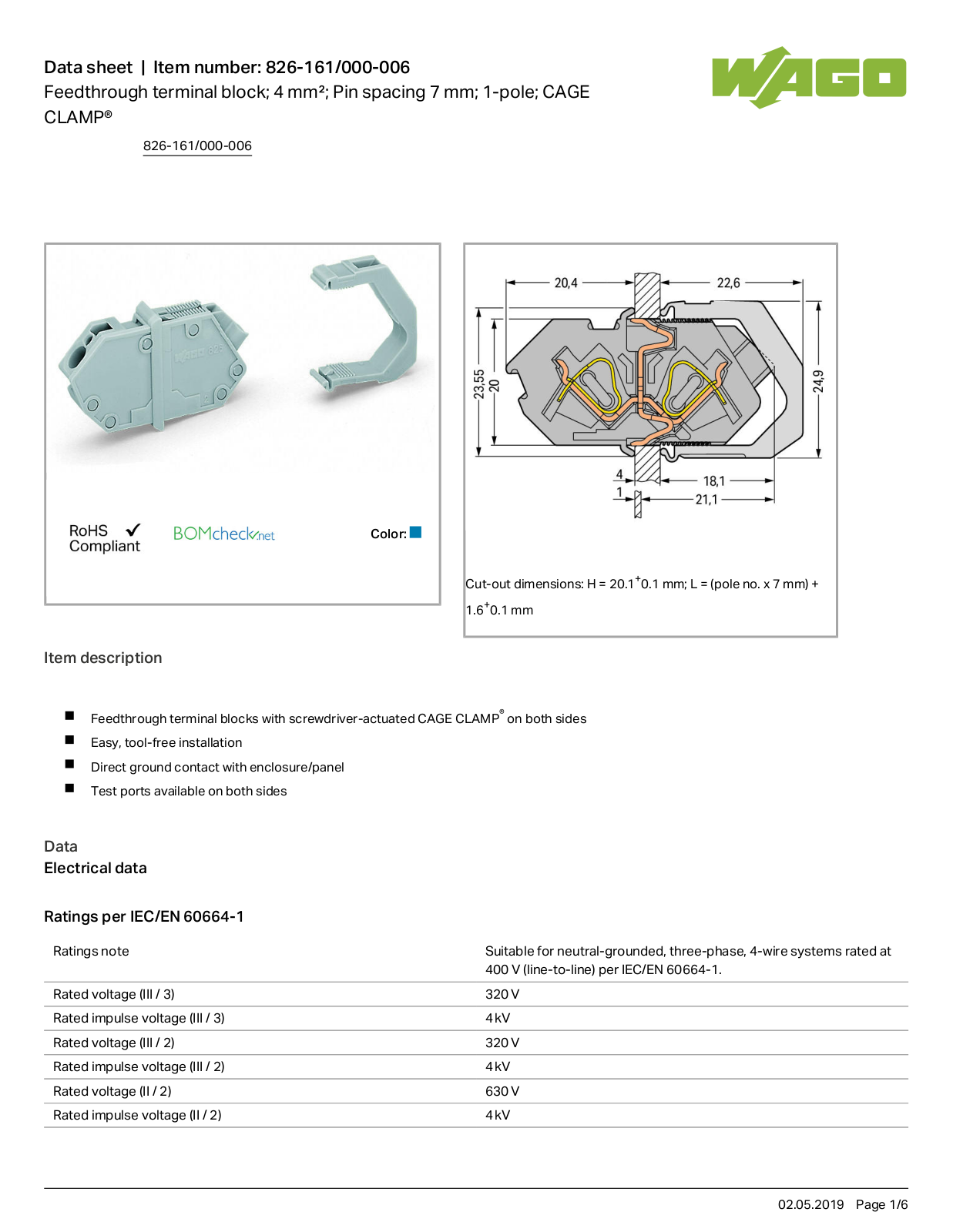 Wago 826-161/000-006 Data Sheet