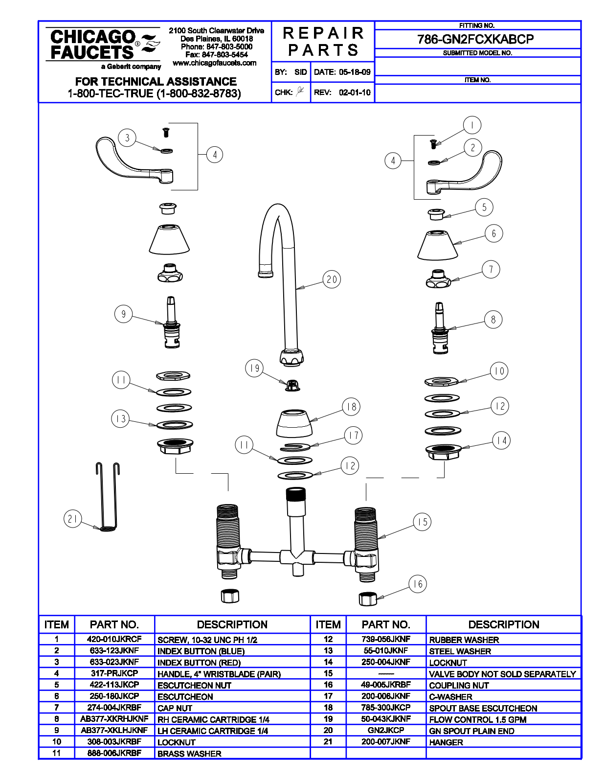 Chicago Faucet 786-GN2FCXKAB Parts List