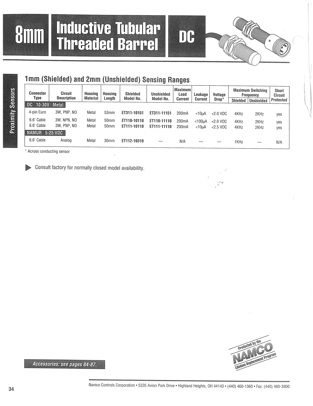 Namco Controls ET311, ET110, ET111, ET112 Data Sheet