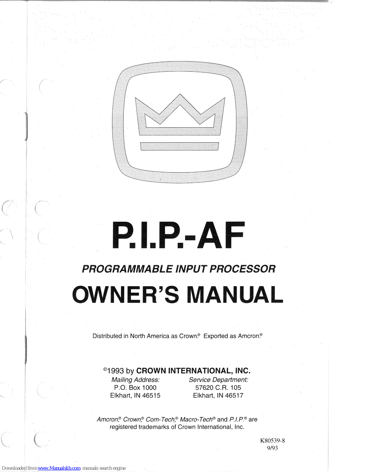 Crown PIP-AF Owner's Manual