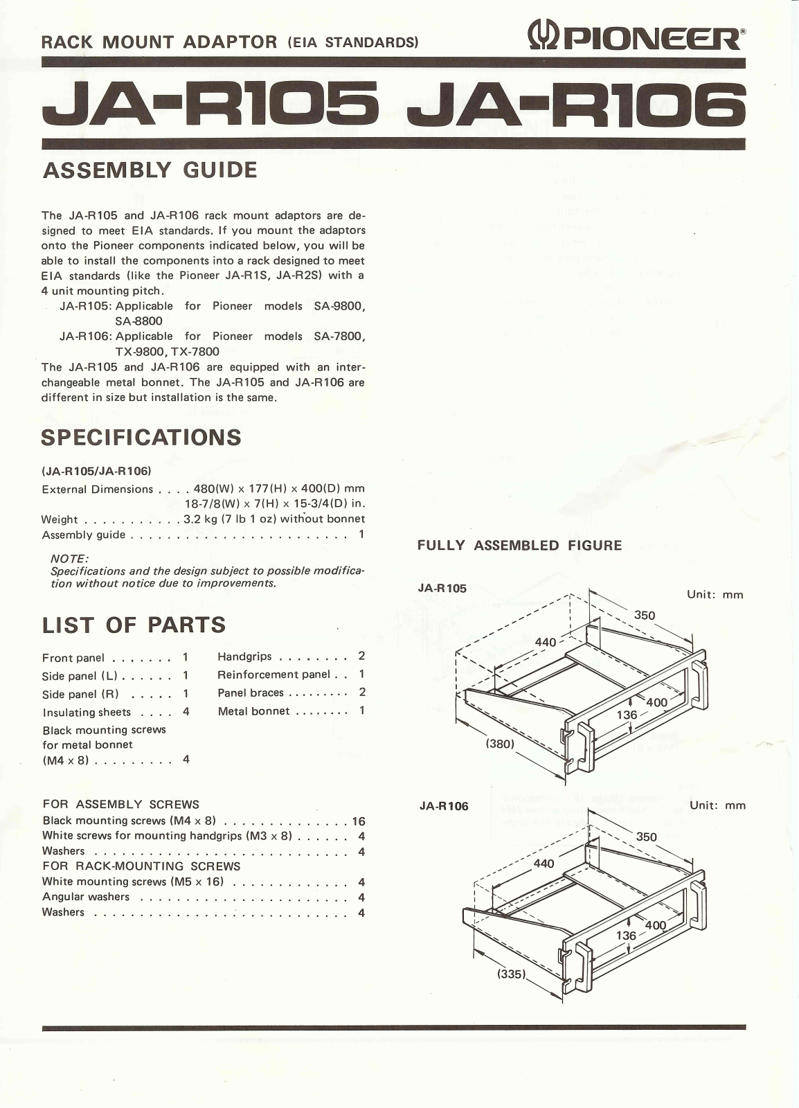 Pioneer JAR-105, JAR-106 Owners manual