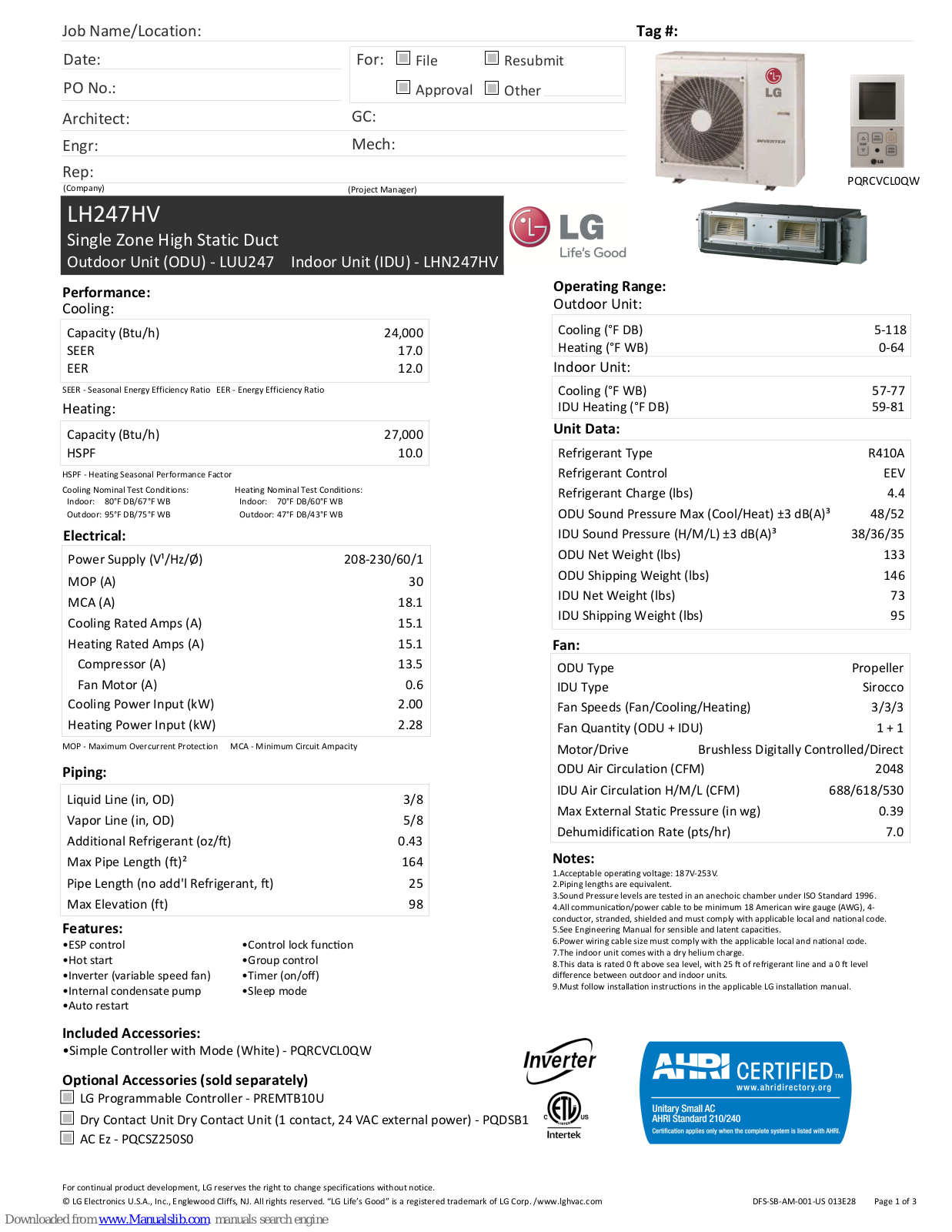 LG LUU247, LHN247HV Specifications