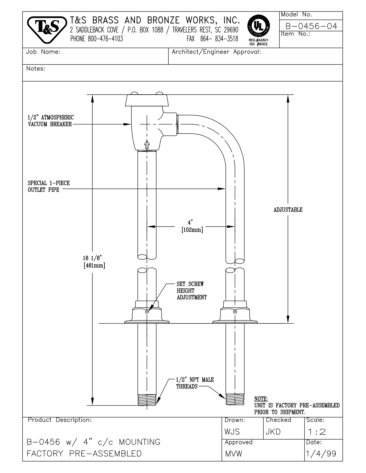 T & S Brass & Bronze Works B-0456-04 General Manual