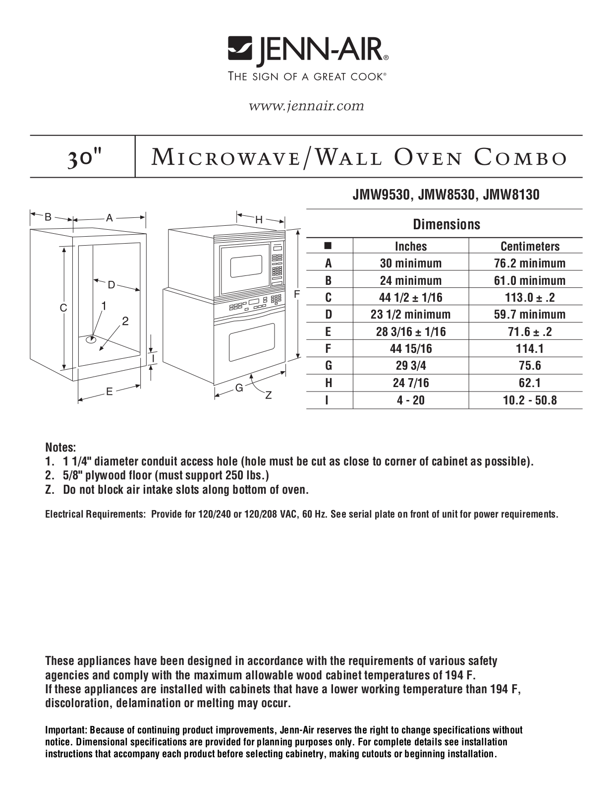 JENN-AIR JMW9530, JMW8530, JMW8130 Dimension Guide