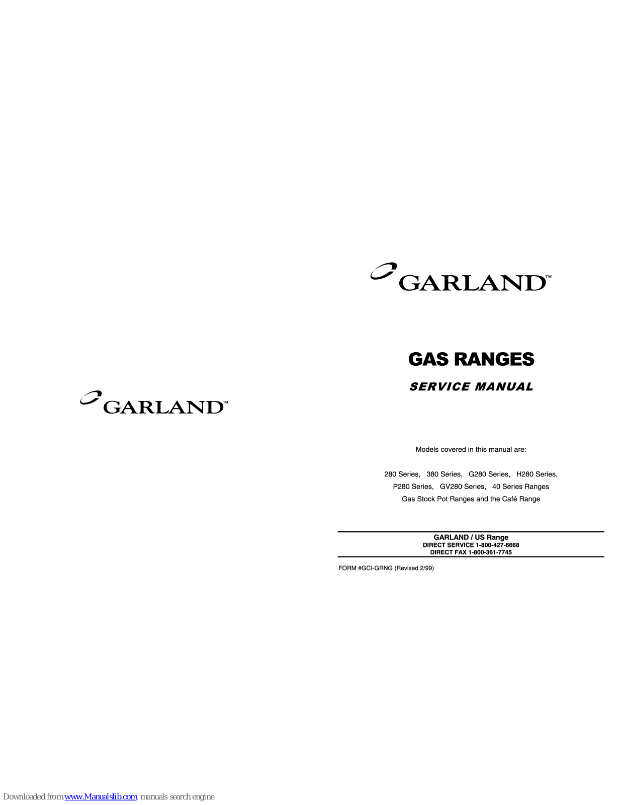 Garland 280 Series, G280 Series, 380 Series, P280 Series, GV280 Series Service Manual