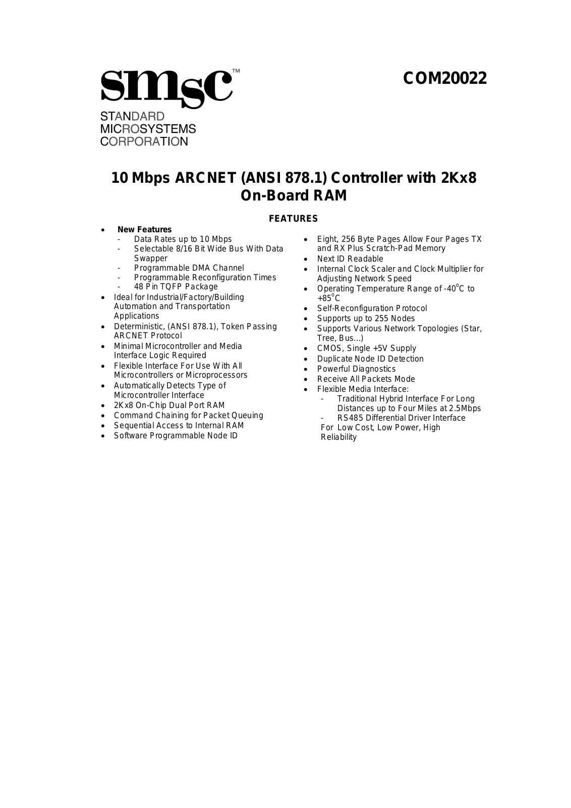 Standard Microsystems Corporation COM20022I, COM20022 Datasheet