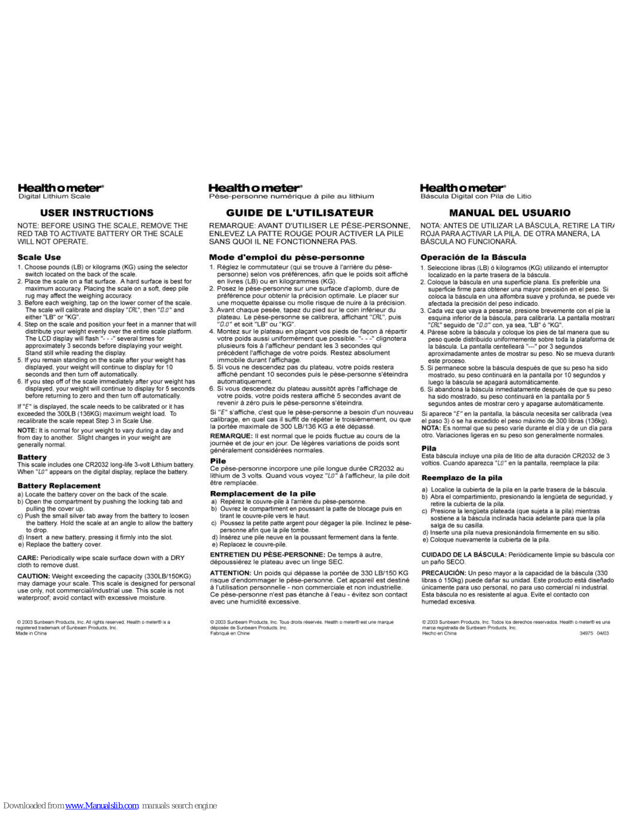 Sunbeam Health O Meter HDL150-05 User Instructions