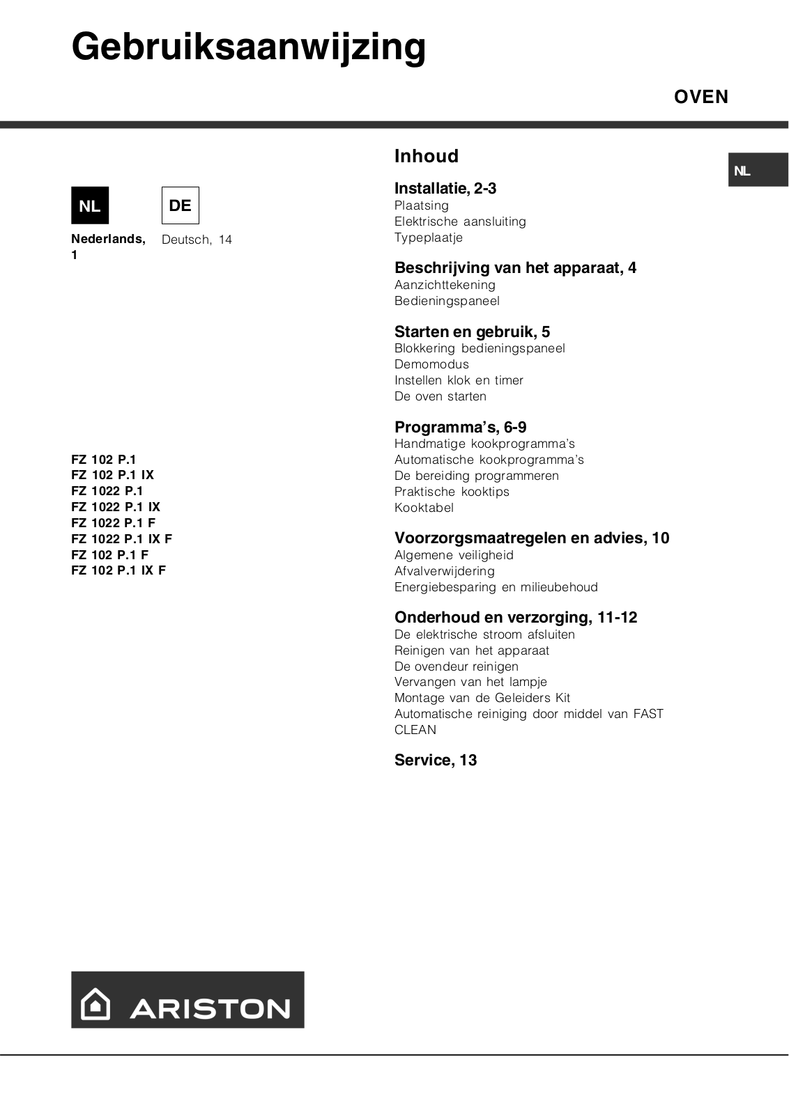 Hotpoint Ariston FZ 102 P.1 IX, FZ 102 P.1, FZ 102 P.1 IX F, FZ 1022 P.1 IX F User Manual