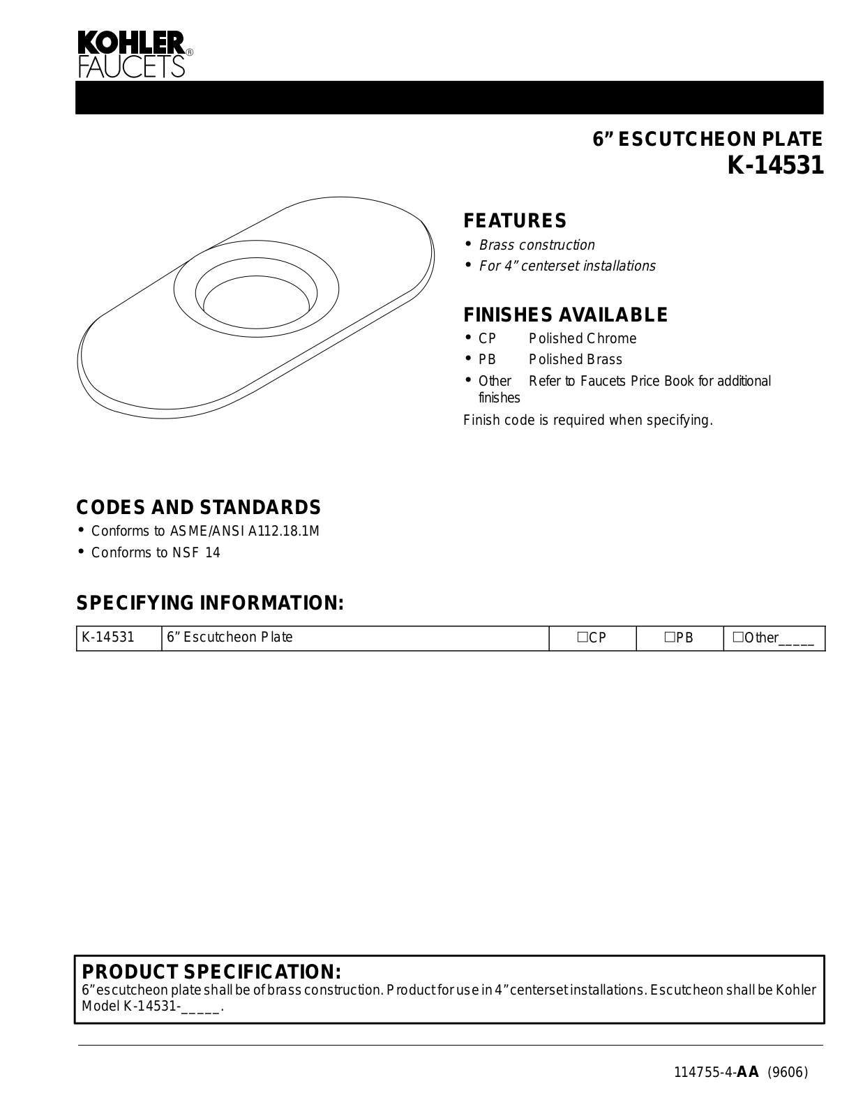 Kohler KOH5796 Specifications - ManualMachine.com