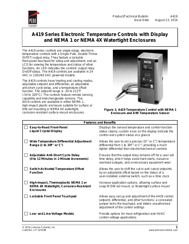 Johnson Controls A419 User Manual