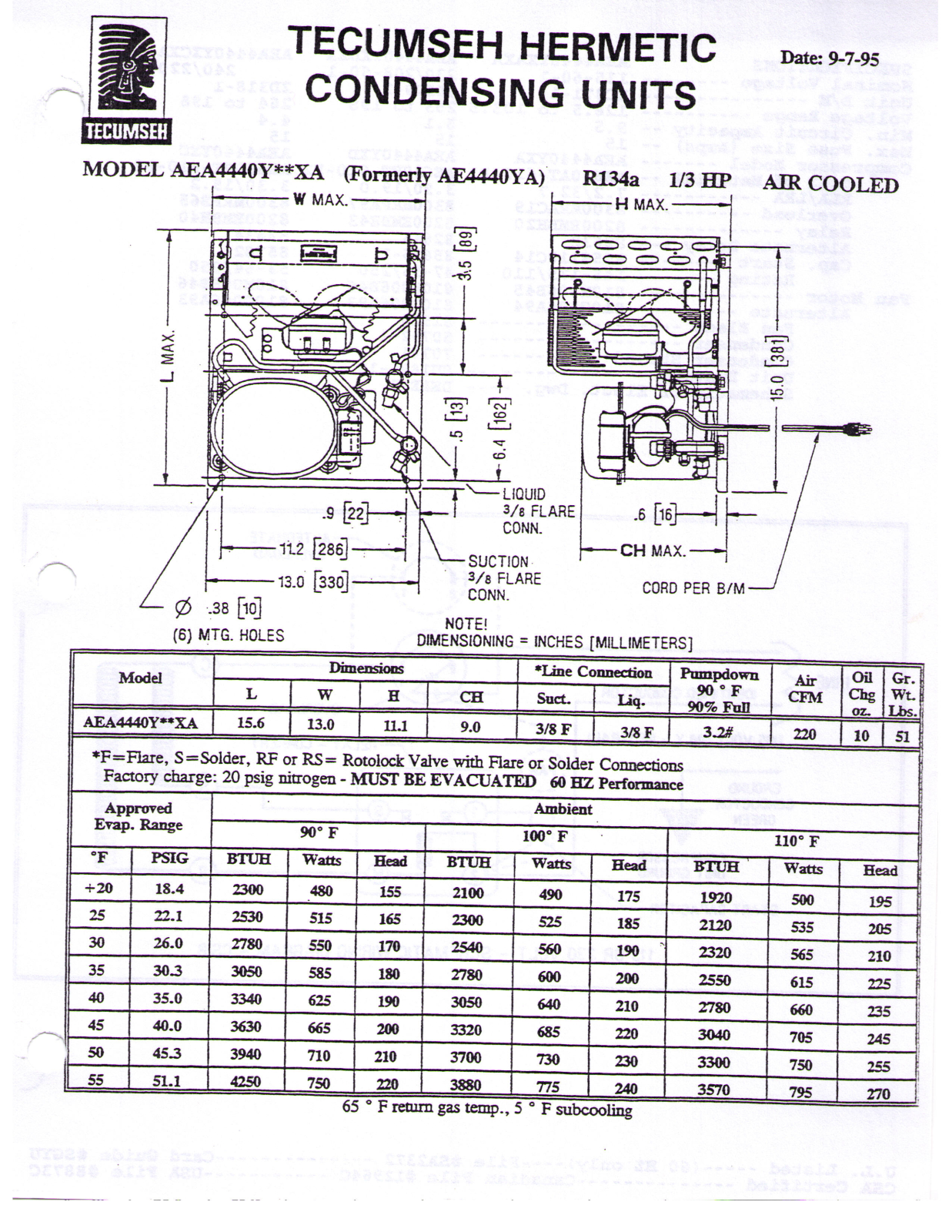 Tecumseh AEA4440YXDXA Performance Data Sheet