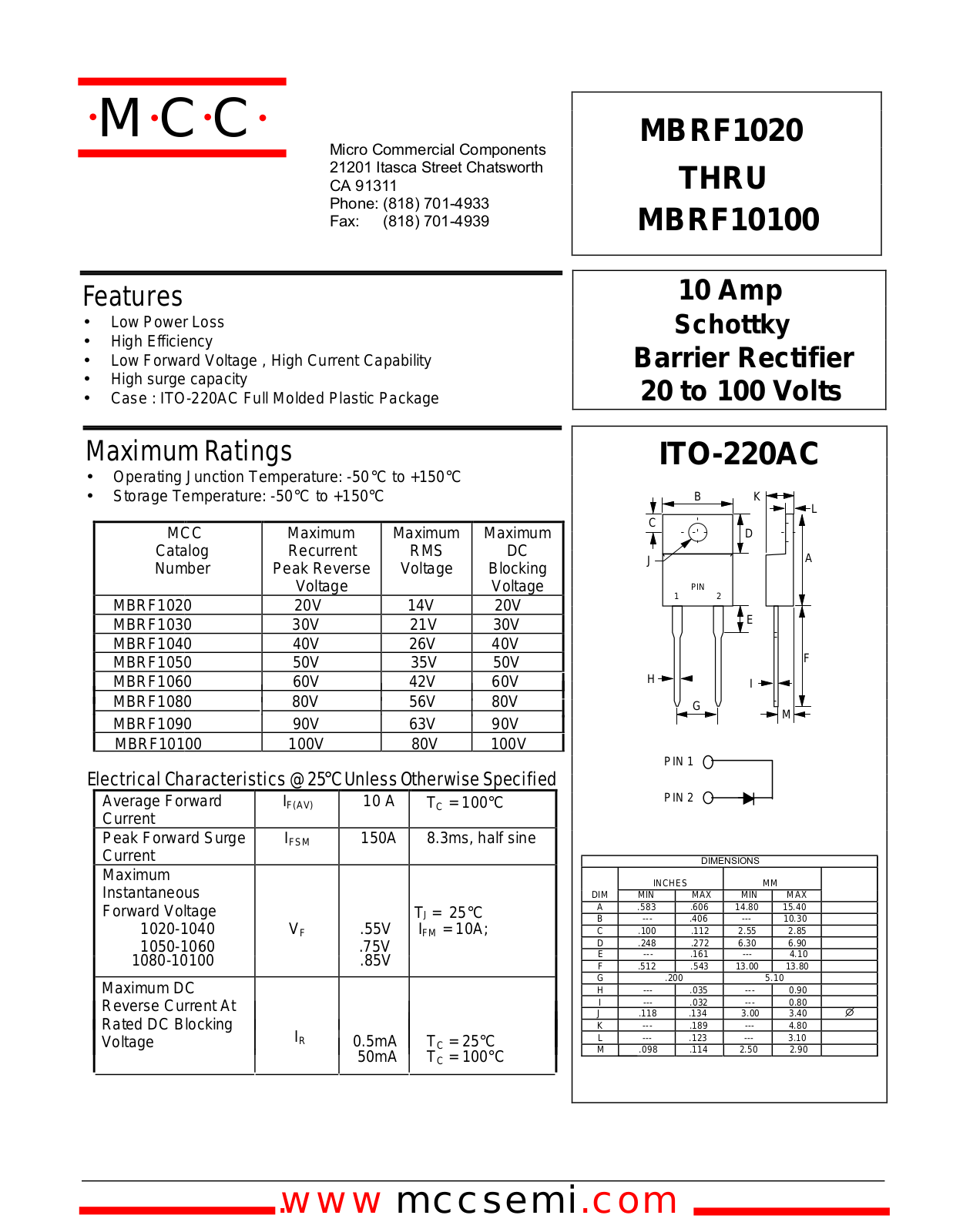 MCC MBRF1040, MBRF1060, MBRF1080, MBRF1090, MBRF1020 Datasheet