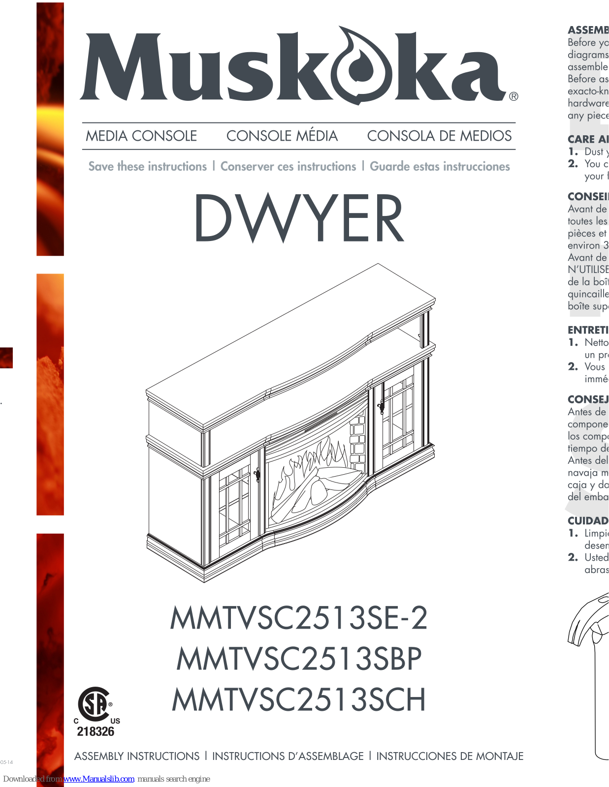 Muskoka Dwyer MMTVSC2513SE-2, Dwyer MMTVSC2513SCH, Dwyer MMTVSC2513SBP Assembly Instructions Manual