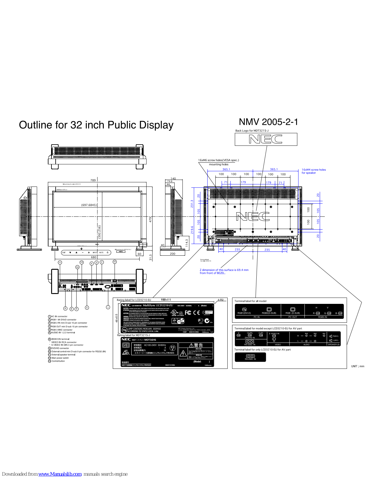 NEC AccuSync LCD3210, LCD3210-BK-IT, LCD3210 Dimensions