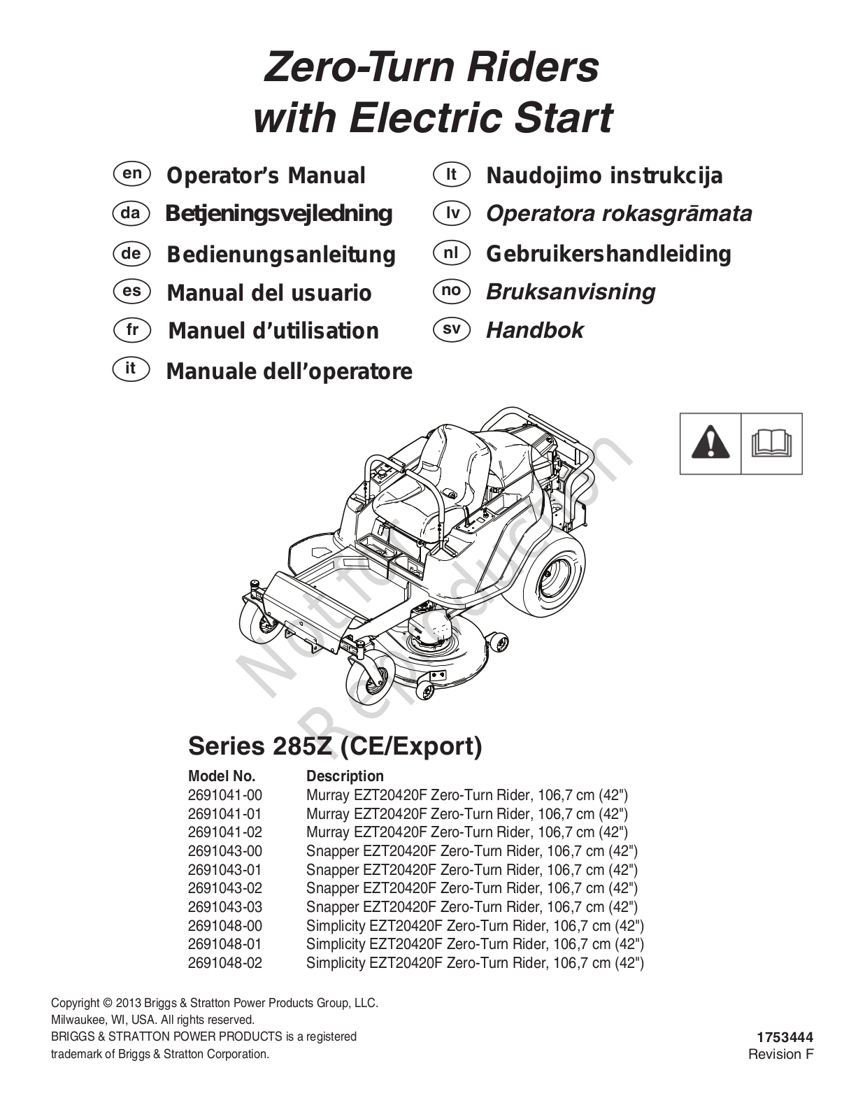 Briggs & Stratton 285Z Series Operator's Manual