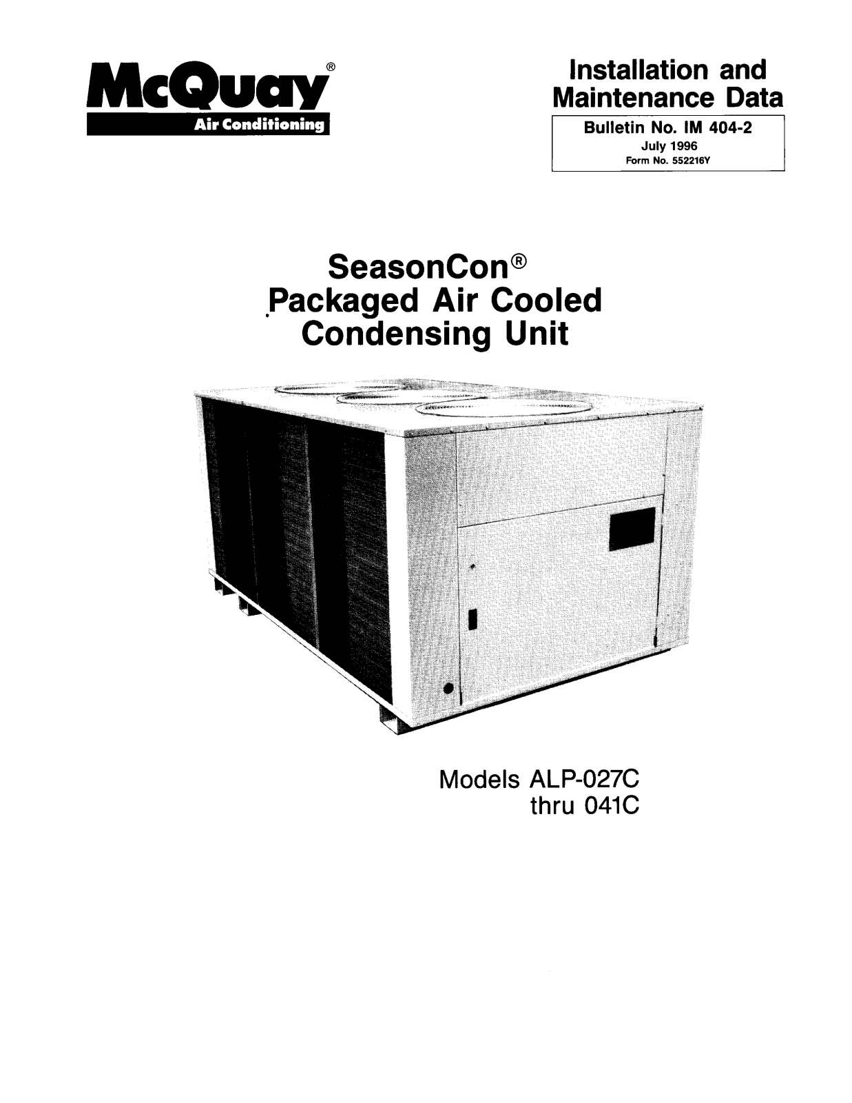 McQuay ALP-027C Installation  Manual