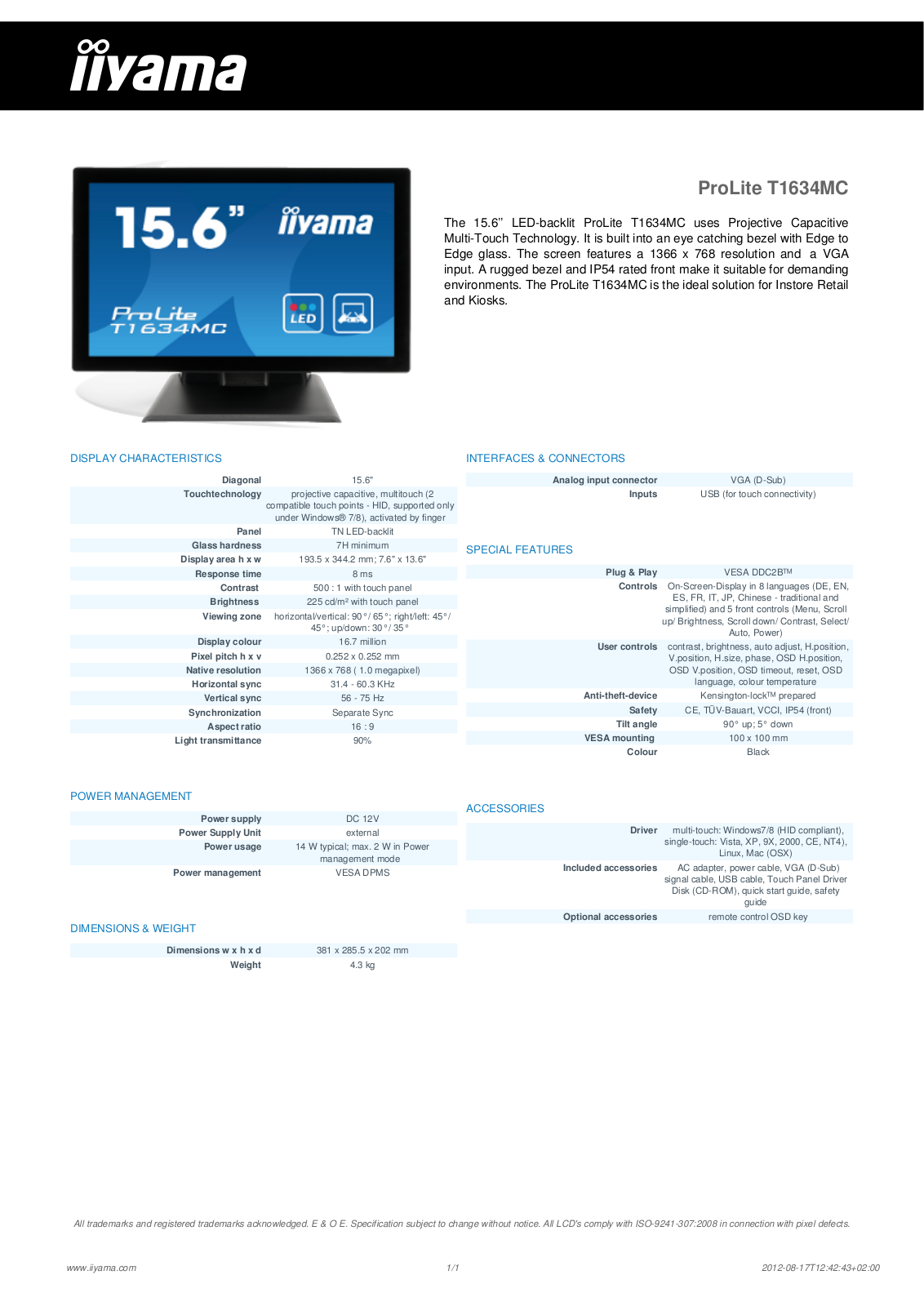 Iiyama PROLITE T1634MC User Manual