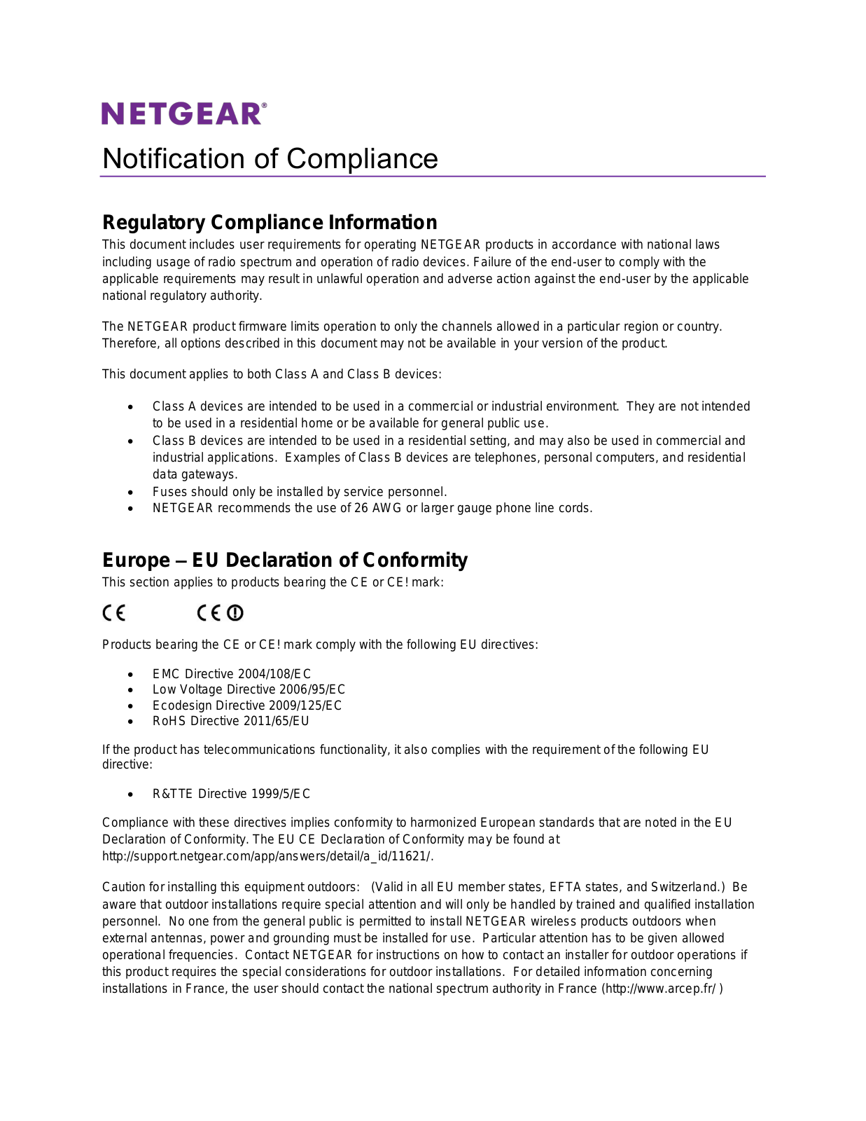 Netgear orporated AC785S Manual complaince statement Sheet