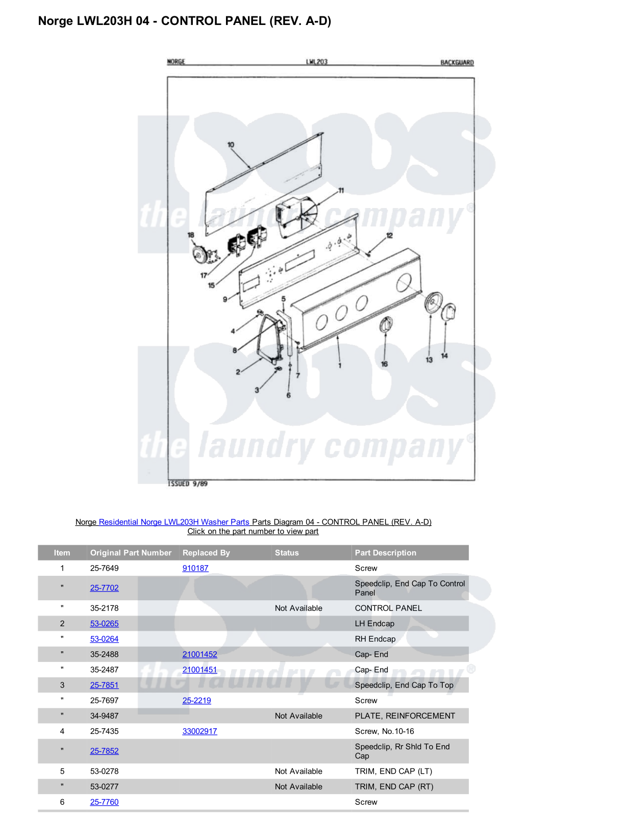 Norge LWL203H Parts Diagram