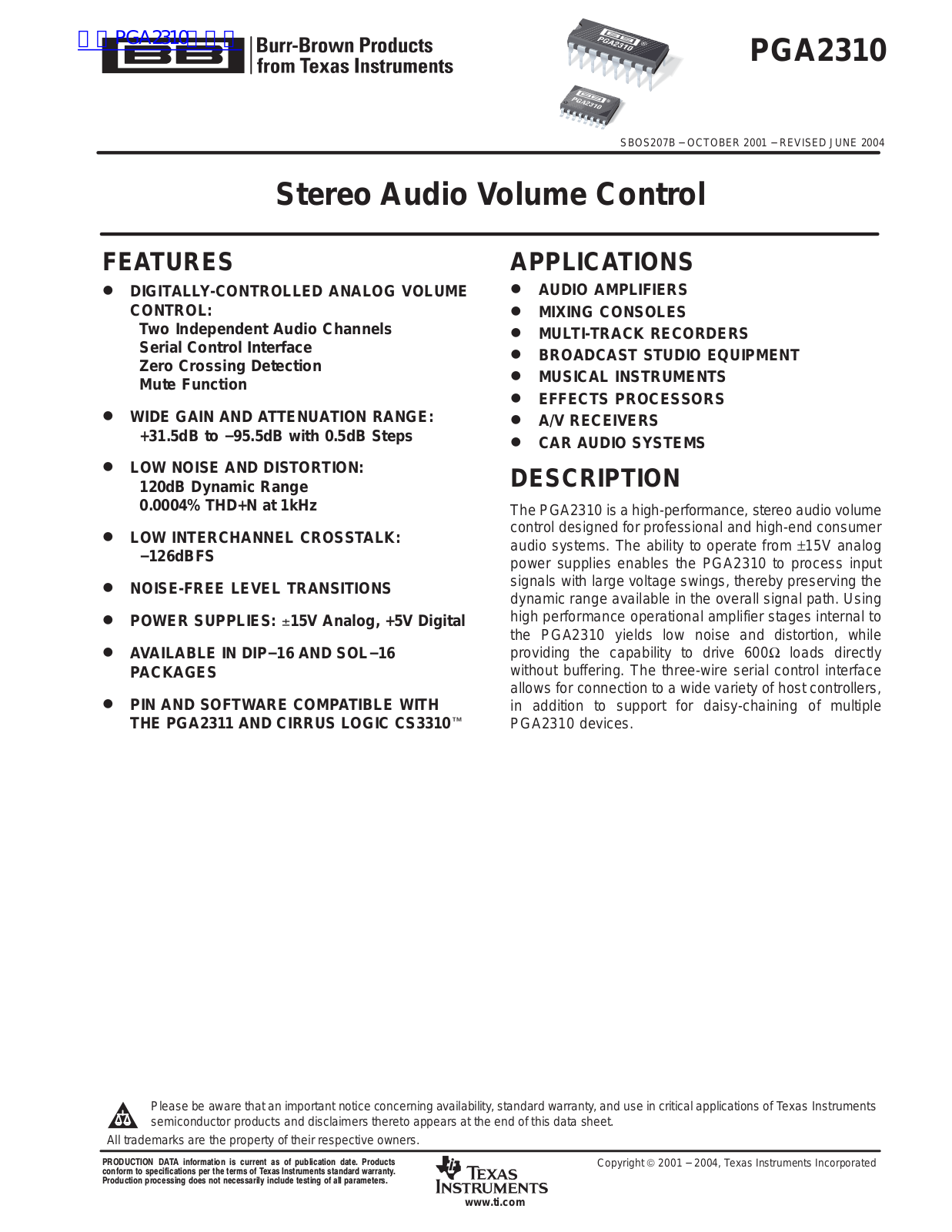 TEXAS INSTRUMENTS PGA2310 Technical data