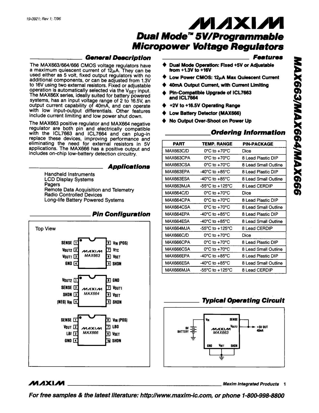 Maxim MAX666C-D, MAX666CPA, MAX664EPA, MAX664MJA, MAX666CSA Datasheet