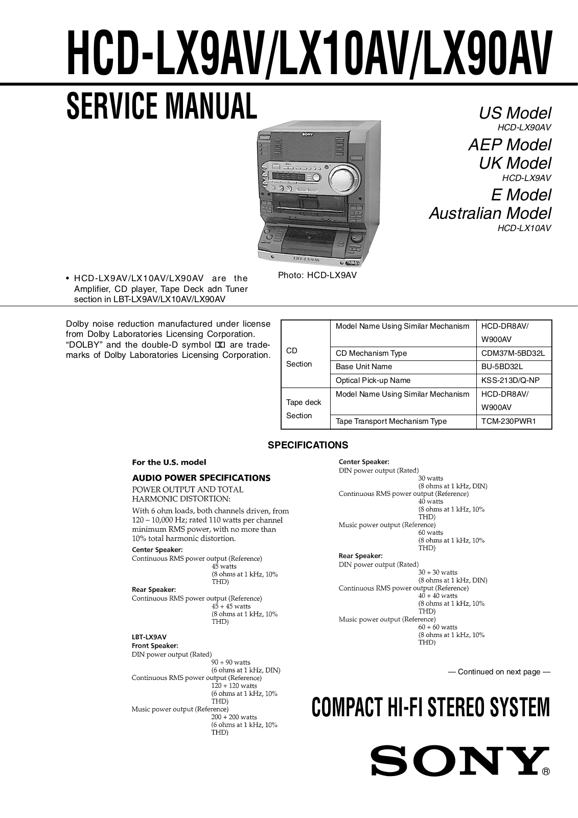 Sony HCD-LX9AV, HCD-LX10AV, HCD-LX90AV Service manual