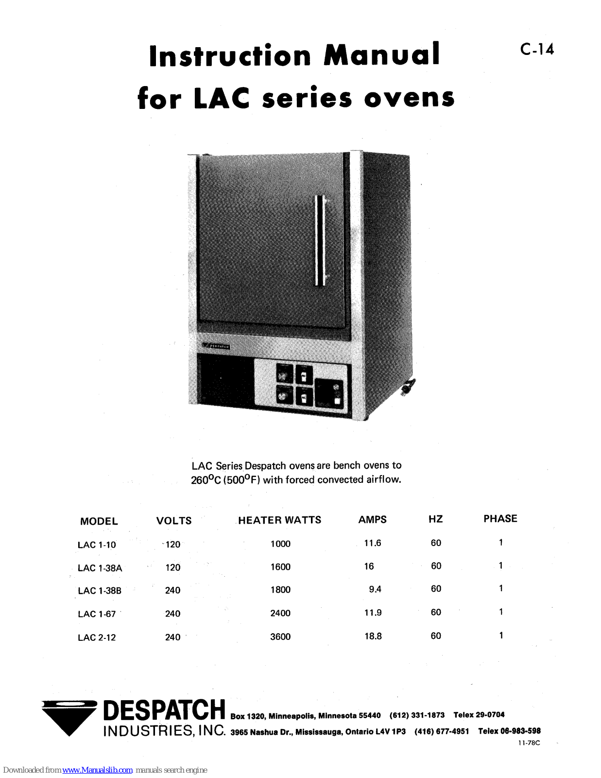 Despatch LAC 1-38B, LAC 1-38A, LAC 1-67, LAC 2-12 Instruction Manual