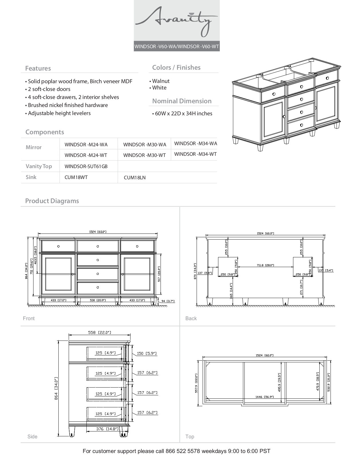 Avanity WINDSORVS60WAB Specifications