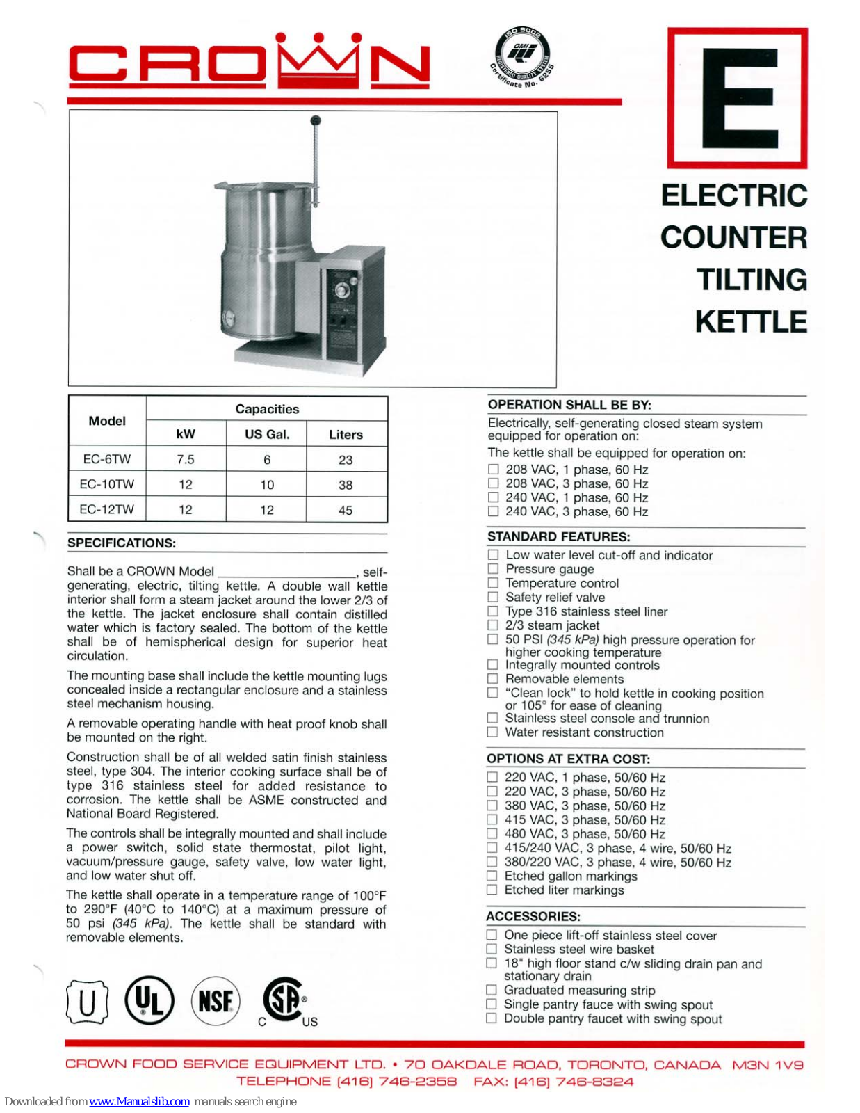 Crown EC-10TW, EC-6TW, EC-12TW Specification Sheet