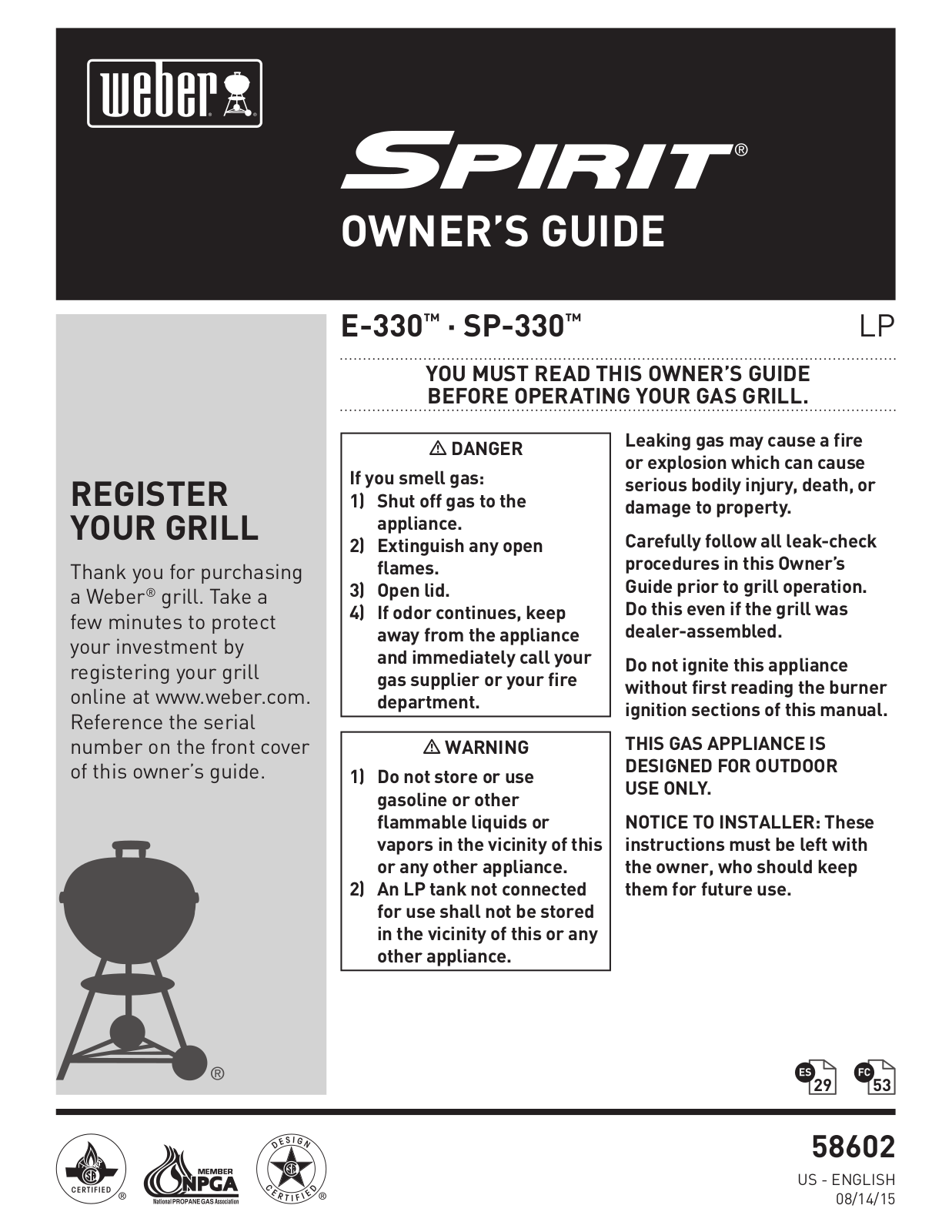 Weber E-330 LP, SP-330 LP Owner's Guide