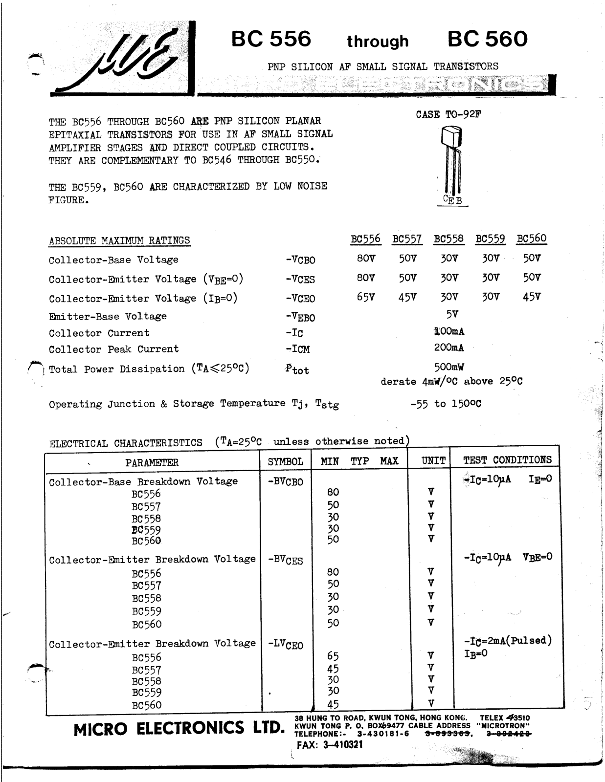 ME BC560, BC558, BC559, BC556 Datasheet