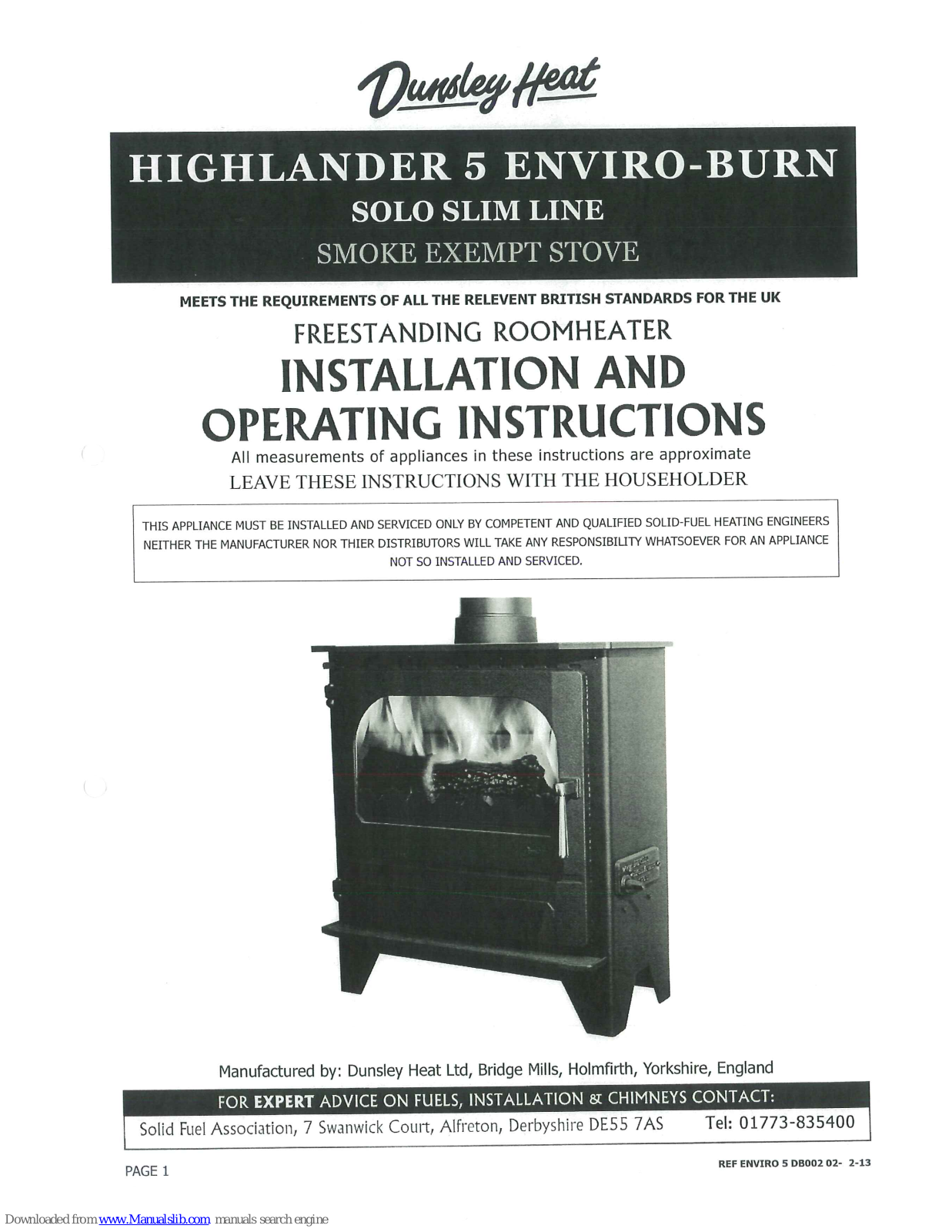 Dunsley Heat Highlander 5 Enviro-Burn Installation And Operating Instructions Manual