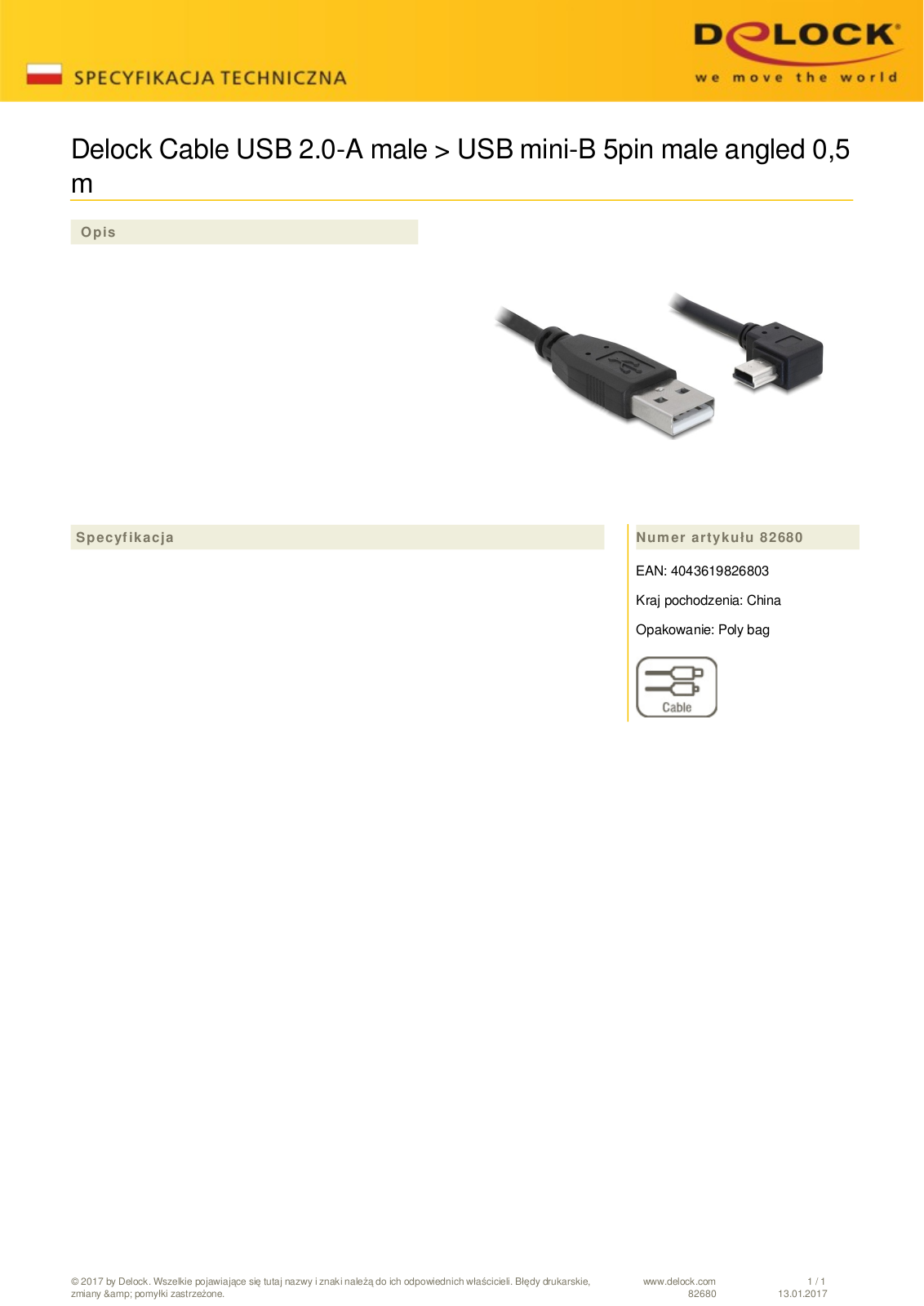 DeLOCK USB-A 2.0 to USB 2.0 mini-B adapter cable 5-pin, 0.5m, angled User Manual