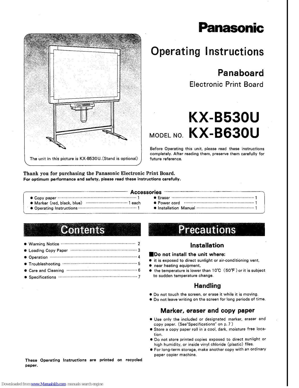 Panasonic Panaboard KX-B530U, Panaboard KX-B630U Operating Instructions Manual