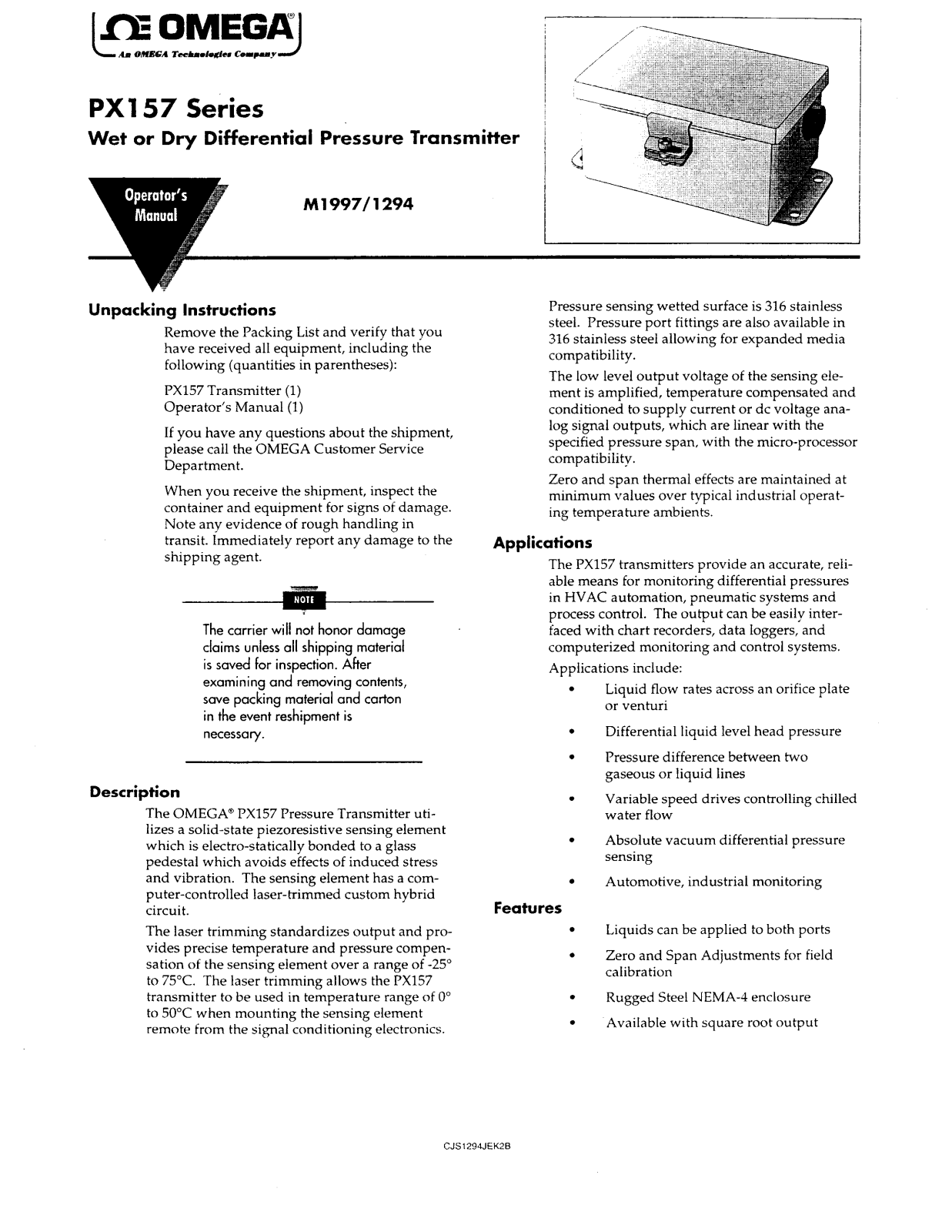 Omega Products PX157 Installation  Manual