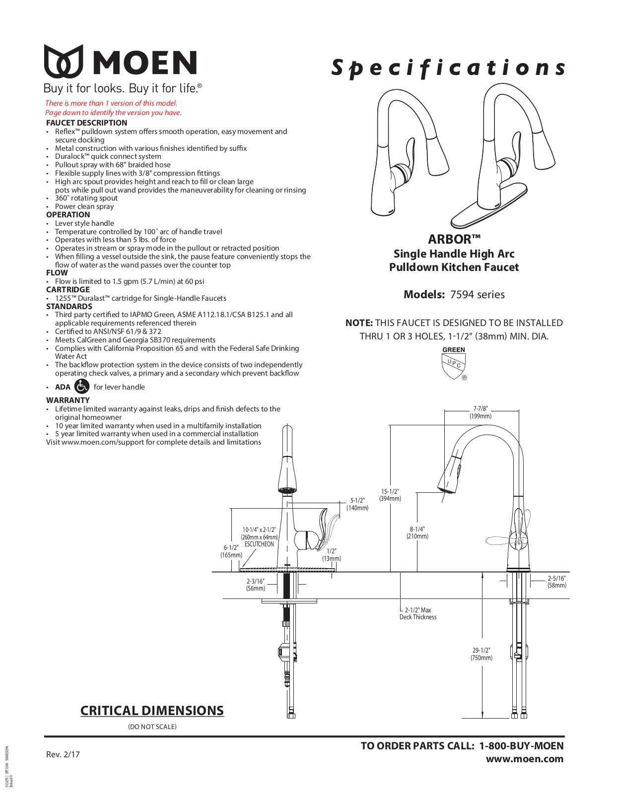 Moen 7594BL Specifications