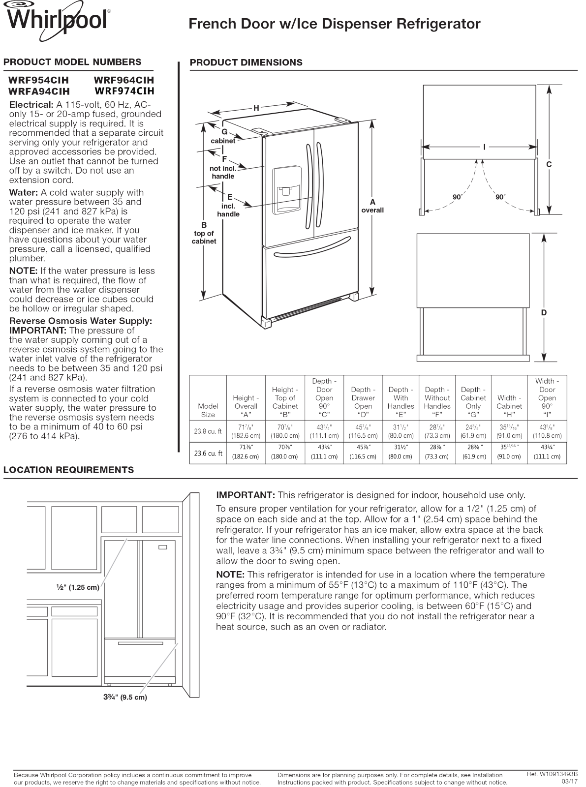 Whirlpool WRF974CIHV, WRF984CIHZ, WRF984CIHV, WRFA94CIHZ, WRFA94CIHN Dimension Guide