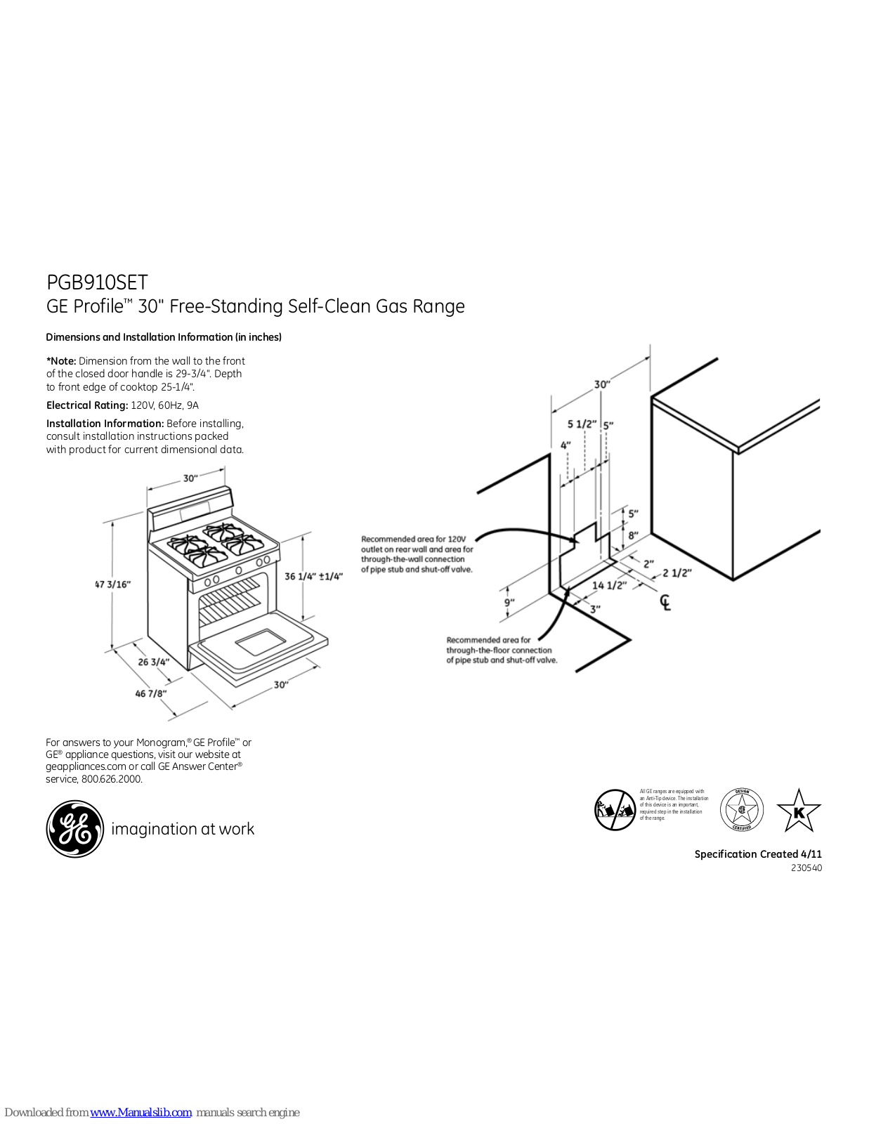 GE Profile PGB910SETSS, Profile PGB910SET Dimensions And Installation Information